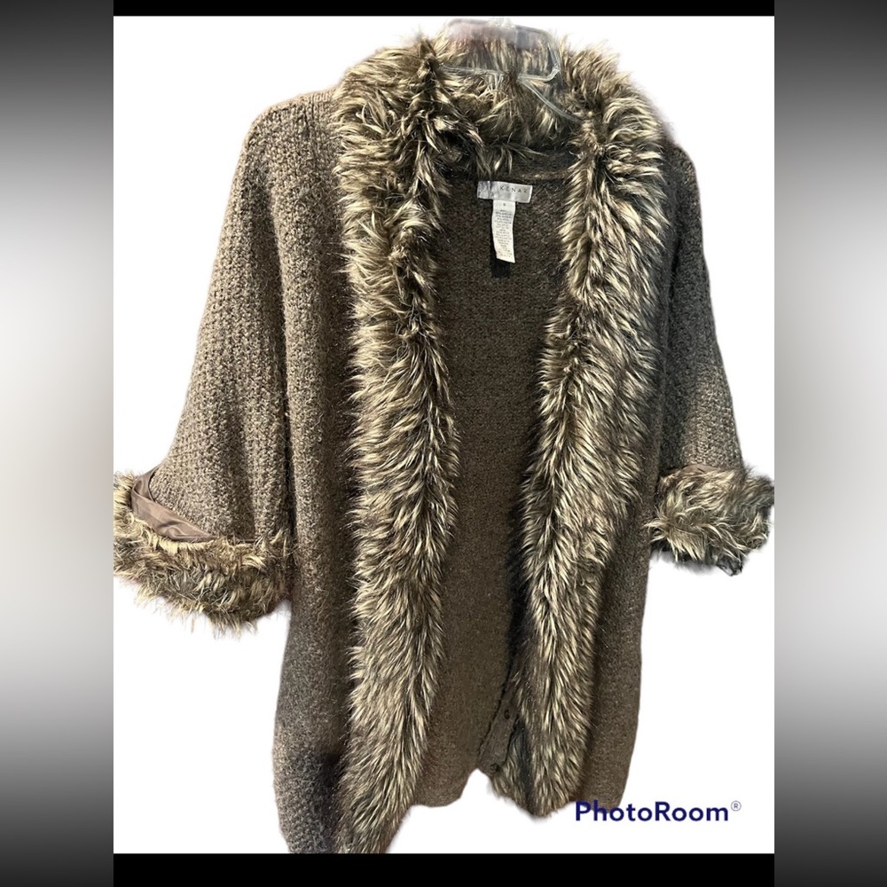 Kenar small wool and alpaca blend taupe cardigan with detachable faux fur